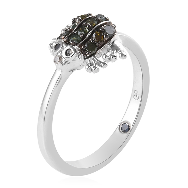 GP Green, Black and White Diamond (Rnd), Blue Sapphire Frog Ring in Platinum Overlay Sterling Silver