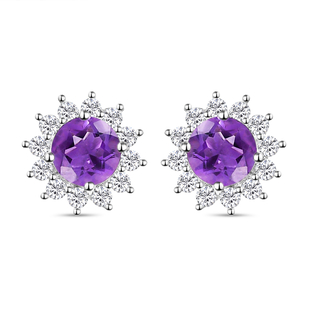 Amethyst and Natural Cambodian Zircon Stud Earrings (with Push Back) in Sterling Silver 2.26 Ct.