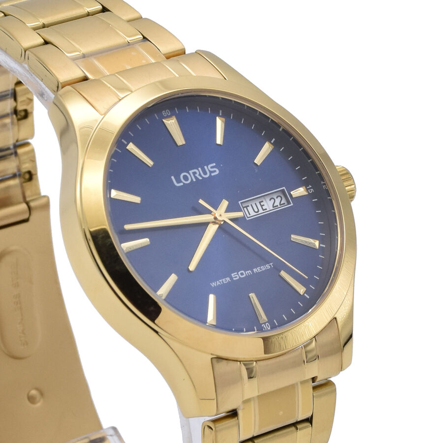Lorus Mens Quartz Dress Watch with Stainless Steel Gold Bracelet & Blue