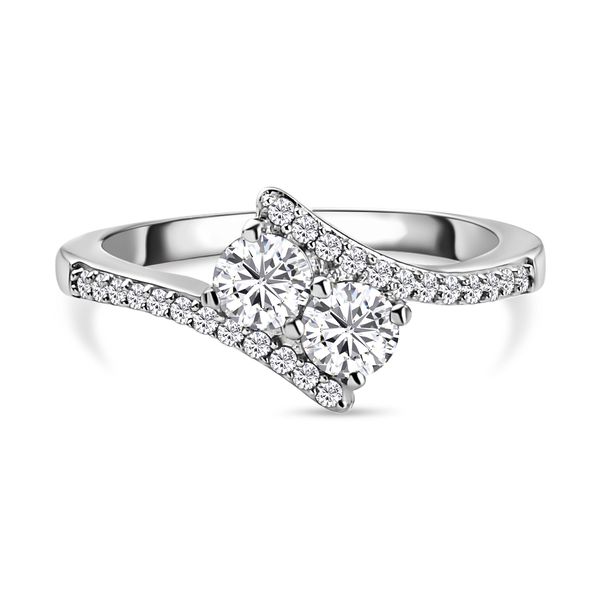 Moissanite Bypass Ring in Platinum Overlay Sterling Silver