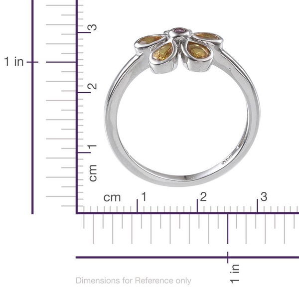 Yellow Sapphire (Pear), Pink Sapphire Floral Ring in Platinum Overlay Sterling Silver 0.900 Ct.