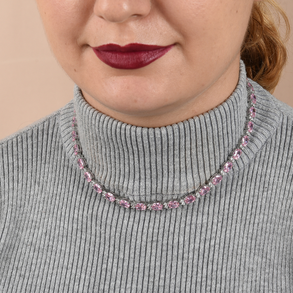 Simulated Pink Sapphire (Ovl) and Simulated Diamond Necklace (Size 16) in Silver Tone