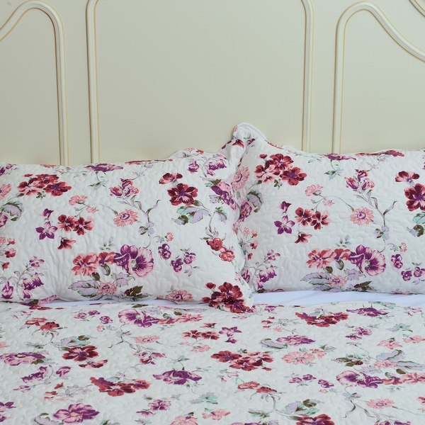 Purple, White and Multi Colour Floral Pattern Quilt (Size 260x240 Cm) with 2 Quilted Pillow Shams (Size 70x50 Cm)