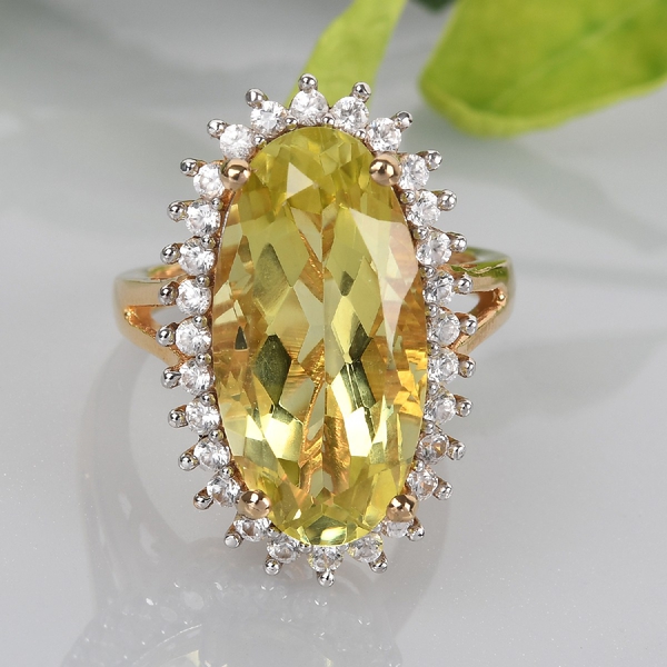 Natural Green Gold Quartz (Ovl 20x10mm), Natural Cambodian Zircon Ring in 14K Gold Overlay Sterling Silver 9.480 Ct.