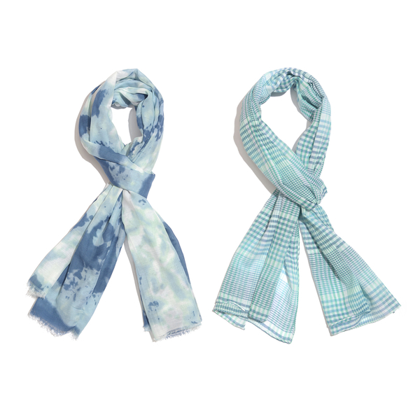Set of 2 - 100% Cotton Blue, Green and White Colour Checks Pattern Scarf (Size 180X55 Cm), Blue, Gre