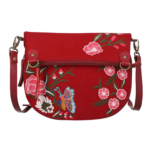 Leather and Canvas Floral Embroidered Crossbody Bag (Size 27x1.25x11