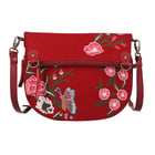 Leather and Canvas Floral Embroidered Crossbody Bag (Size 27x1.25x11.5cm) with Adjustable Shoulder S