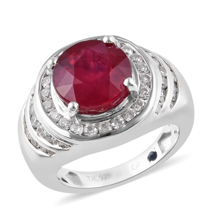 GP 7.35 Ct African Ruby and Multi Gemstone Halo Ring in Platinum Plated Sterling Silver