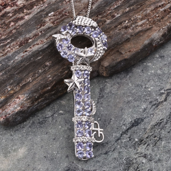 GP Tanzanite (Rnd), White Topaz and Kanchanaburi Blue Sapphire Key Pendant With Chain in Platinum Overlay Sterling Silver 3.250 Ct.