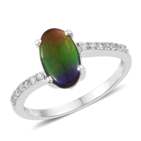 2.25 Ct AA Canadian Ammolite and Zircon Solitaire Ring in Platinum Plated Silver