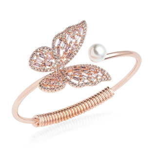 White Shell Pearl, Simulated Pink Sapphire and Simulated Diamond Butterfly Bangle (Size 7) in Rose G