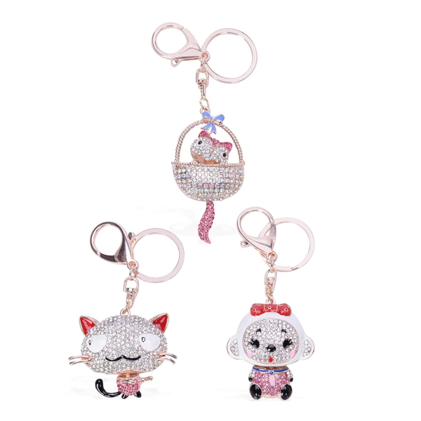 Set of 3 - White, Pink and Multi Colour Austrian Crystal Studded Enameled Key Chain in Rose Gold Ton