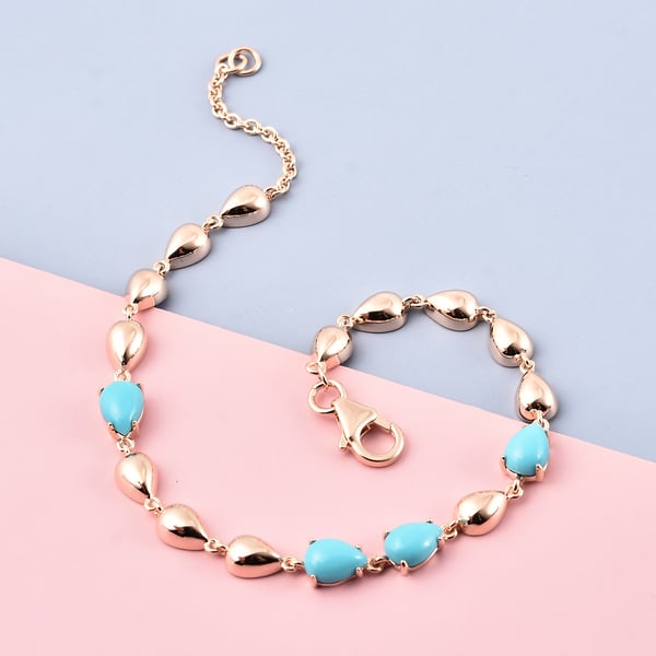 LucyQ Tear Drop Collection - Arizona Sleeping Beauty Turquoise Drop Bracelet (Size - 7.5) in Rose Gold Overlay Sterling Silver 2.65 Ct.