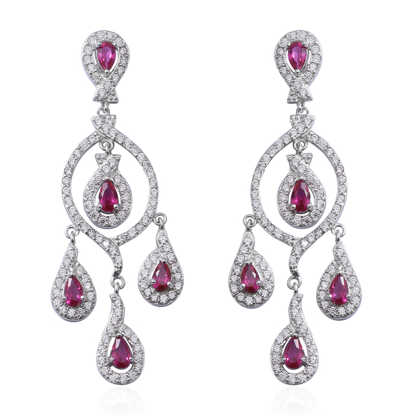 ELANZA Simulated Ruby (Pear), Simulated Diamond Chandelier Earrings (with Push Back) in Rhodium Over