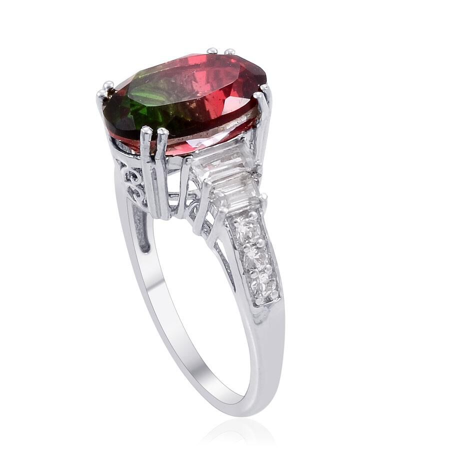 Bi-Colour Tourmaline Quartz (Ovl 6.00 Ct), White Topaz Ring in Platinum Overlay Sterling Silver 6.750 Ct.