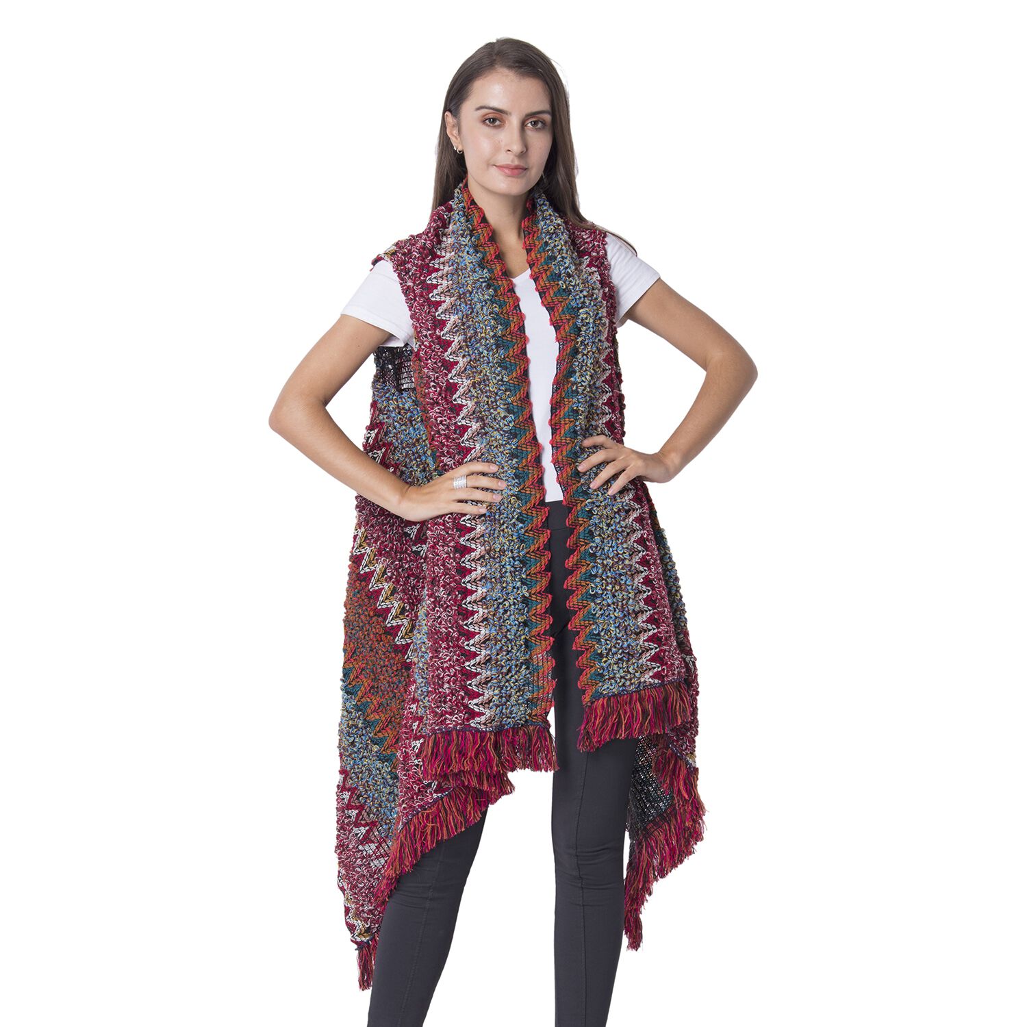 Italian Designer Inspired-Red and Multi Colour Chevron Pattern Kimono with Tassels (Size 75x50 Cm)