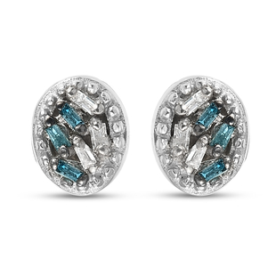 Blue and White Diamond (Bgt) Earrings (with Push Back) in Platinum Overlay Sterling Silver 0.06 Ct.