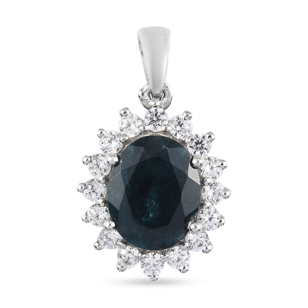 Teal Grandidierite (Ovl) and Natural Cambodian Zircon Pendant in Platinum Overlay Sterling Silver 3.