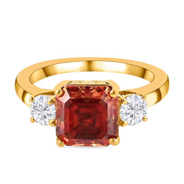 Red Moissanite (Asscher Cut) and White Moissanite Ring in Vermeil Yellow Gold Overlay Sterling Silve