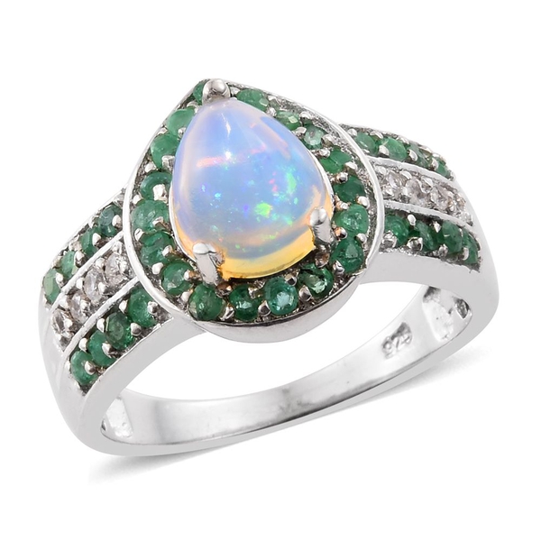 Ethiopian Welo Opal (Pear 1.10 Ct), Brazilian Emerald and Natural Cambodian Zircon Ring in Platinum 