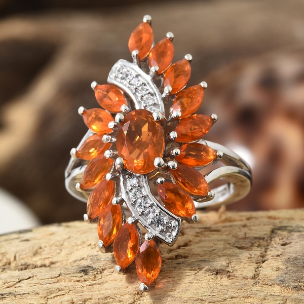 Jalisco Fire Opal (Ovl), Natural Cambodian Zircon Ring in Platinum Overlay Sterling Silver 2.250 Ct.