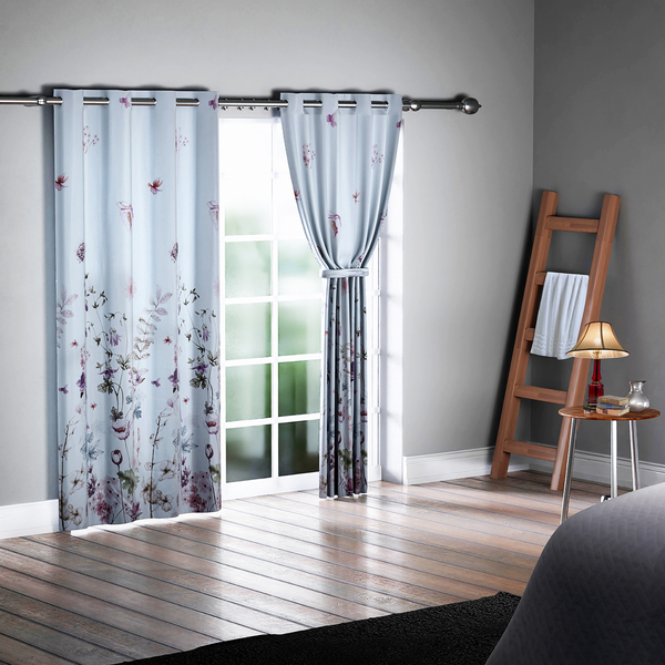 SERENITY NIGHT Set of 2 - Flower Pattern Curtain with 8 Eyelets and LED Band (Size 140x240cm) - Lavender & Multi