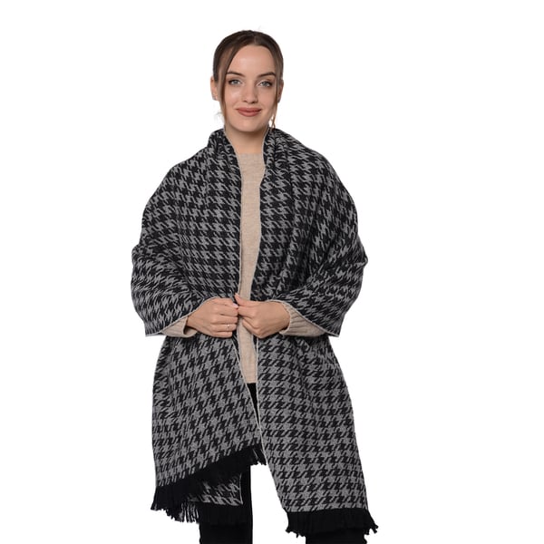 LA MAREY Houndstooth Pattern Wool Shawl - Black