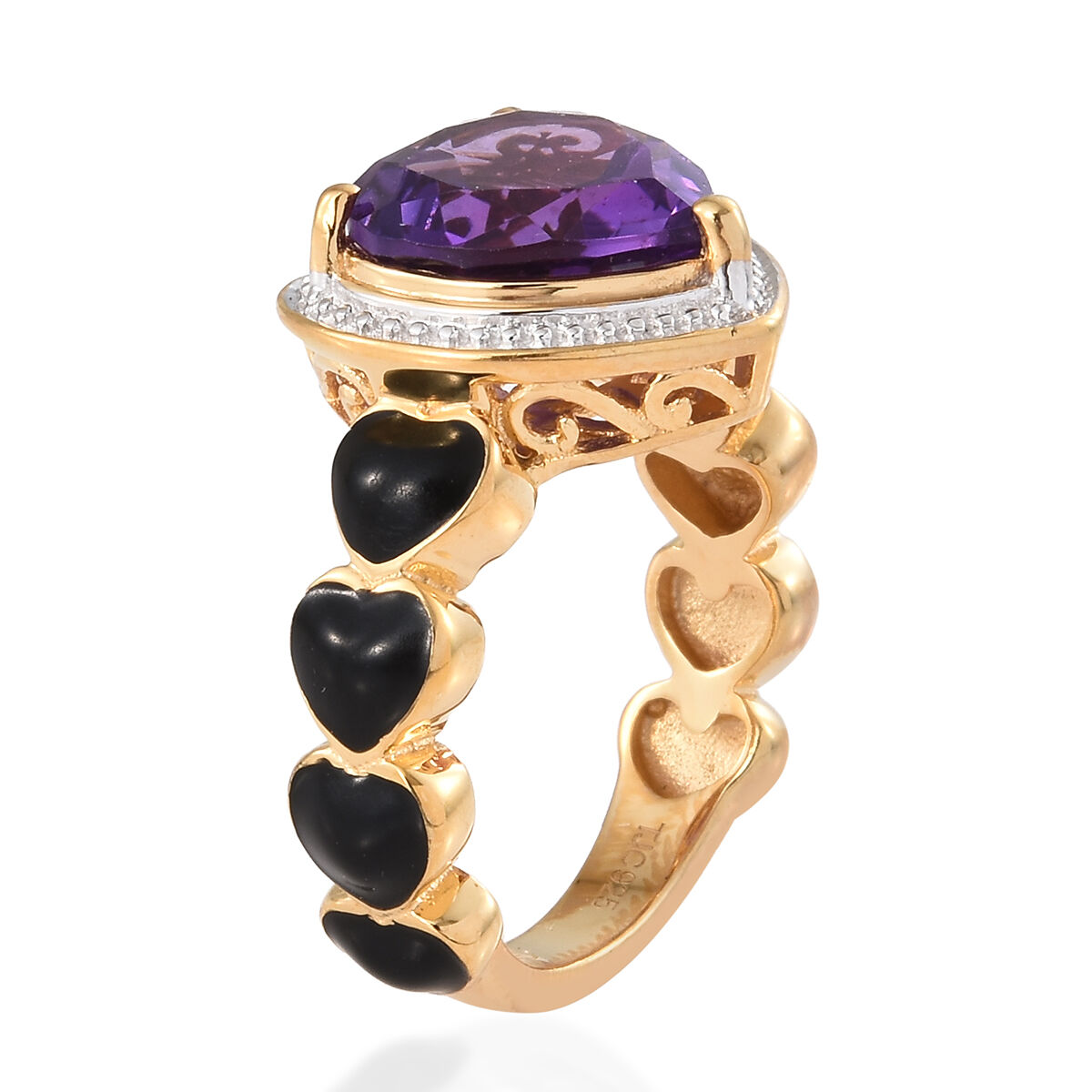 GP - Amethyst & Blue Sapphire Heart Enameled Ring in 18K Vermeil Yellow Gold Plated Sterling Silver 4.10 Ct.