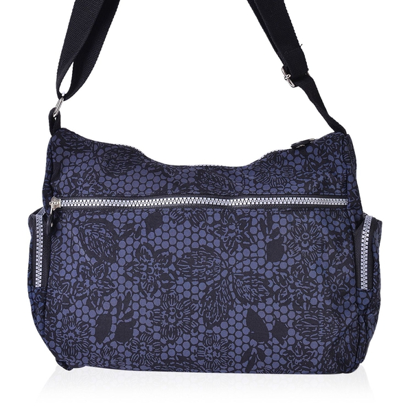 Navy and Black Colour Floral and Polka Dots Pattern Multi Pocket Waterproof Crossbody Bag with Adjustable Shoulder Strap (Size 27.5X20X11 Cm)