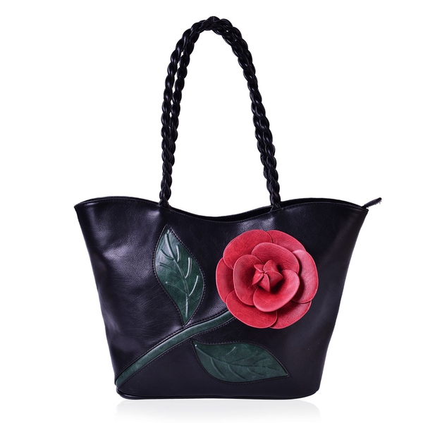 Option-2 (LAST CHANCE CLEARANCE ) Botanical Collection Red 3D Floral Pattern Black Colour Tote Bag w