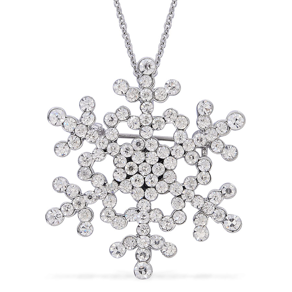 White Austrian Crystal Snowflake Brooch in Silver Tone