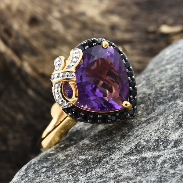 GP Amethyst (Hrt 5.15 Ct), Boi Ploi Black Spinel and Kanchanaburi Blue Sapphire Ring in Black Rhodium and 14K Gold Overlay Sterling Silver 5.500 Ct.