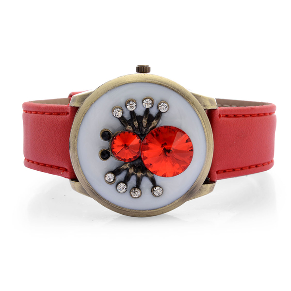 STRADA  Japanese Movement White Dial Red Glass, Black and White Austrian Crystal Water Resistant Watch in Gold Tone With Enameled Spider Cover and Red Strap