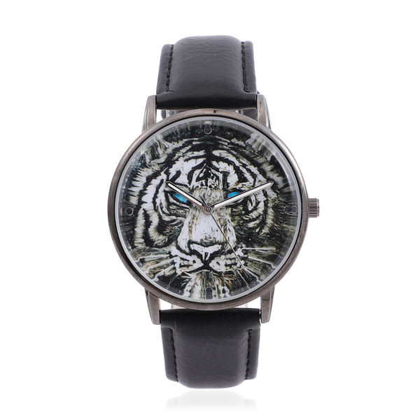STRADA Japanese Movement 3D Tiger Head Dial Water Resistant Watch with Black Colour Strap