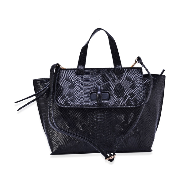 Black Colour Snake Embossed Tote Bag with External Zipper Pocket and Adjustable and Removable Should