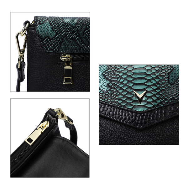 Sencillez Genuine Leather Snake Print Bag (Size 28x3x17cm) - Black & Green