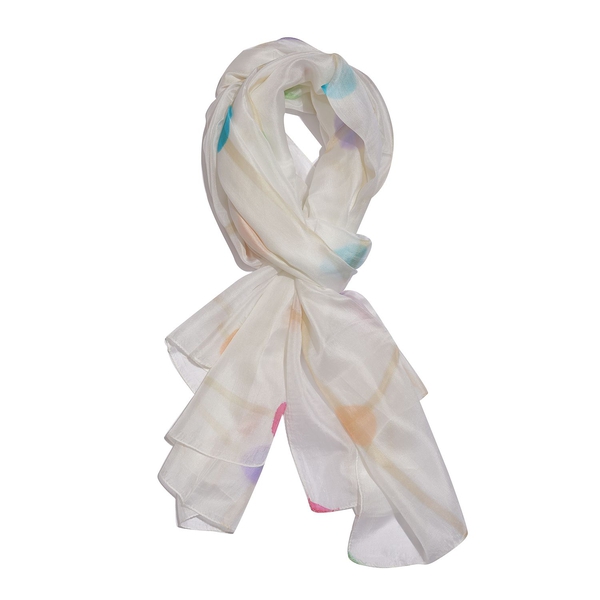 100% Mulberry Silk Green, White and Multi Colour Hand Screen Molecules Printed Scarf (Size 200X180 C