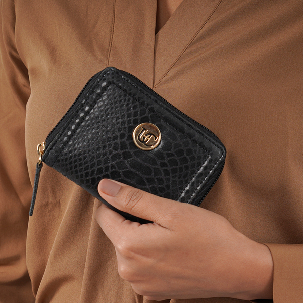 100% Genuine Leather RFID Black Wallet with Zipper Closure