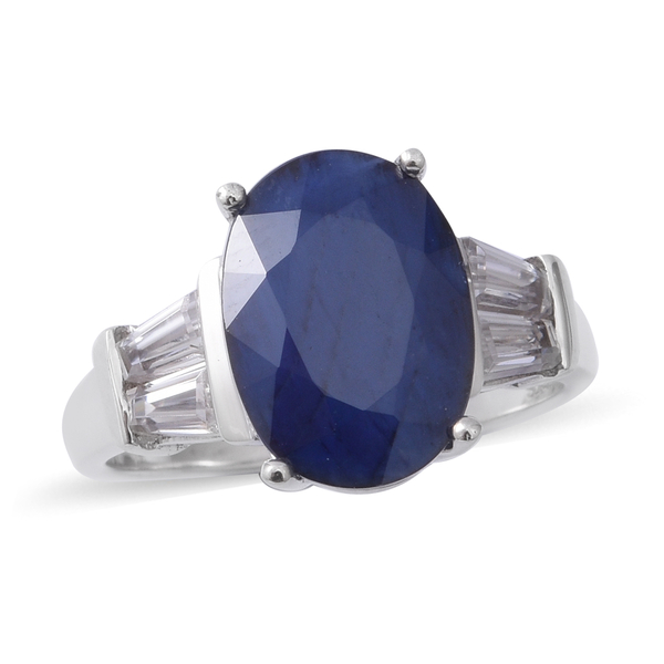 9.69 Carat Madagascar Blue Sapphire and Zircon Solitaire Design Ring in Rhodium Plated Silver