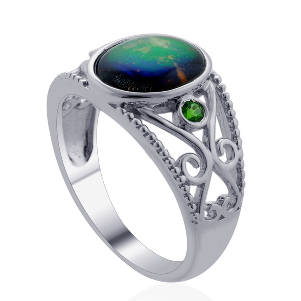 Canadian Ammolite (Ovl 1.90 Ct), Chrome Diopside Ring in Rhodium Plated Sterling Silver 2.000 Ct.