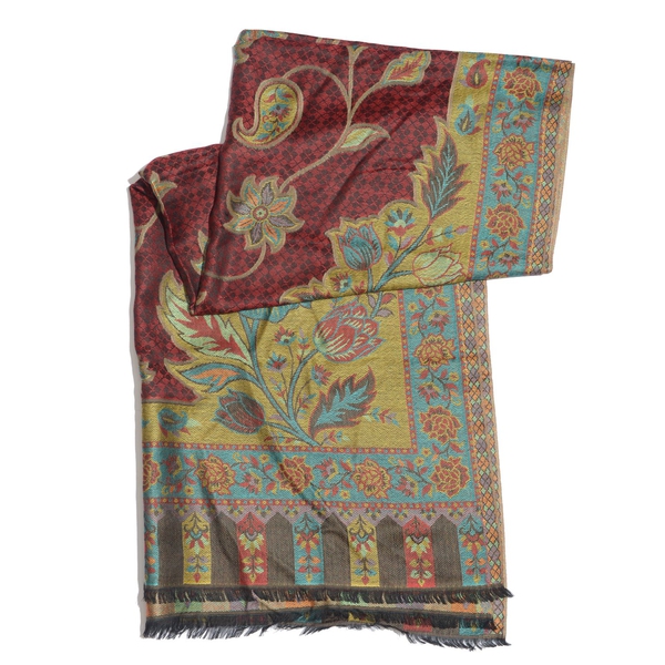 100% Modal Red, Green and Multi Colour Floral Pattern Jacquard Scarf (Size 190x70 Cm)