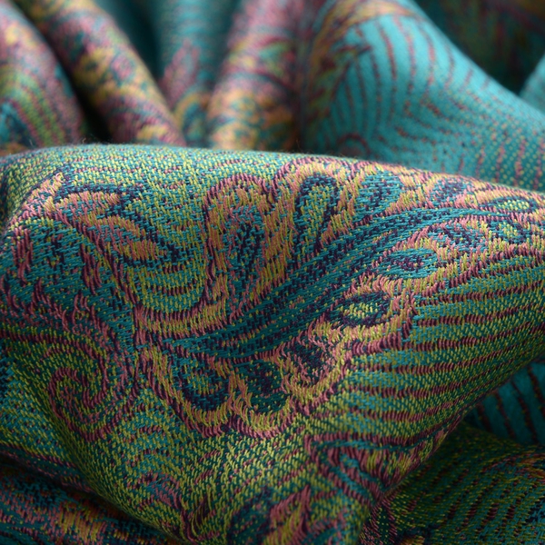 100% Superfine Silk Multi Colour Paisley Pattern Turquoise Colour Jacquard Jamawar Scarf with Fringes (Size 180x70 Cm) (Weight 125-140 Grams)