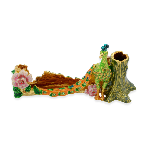Green and Multi Colour Enameled Peacock Pen and Card Holder in Gold Tone with Multi Colour Austrian 