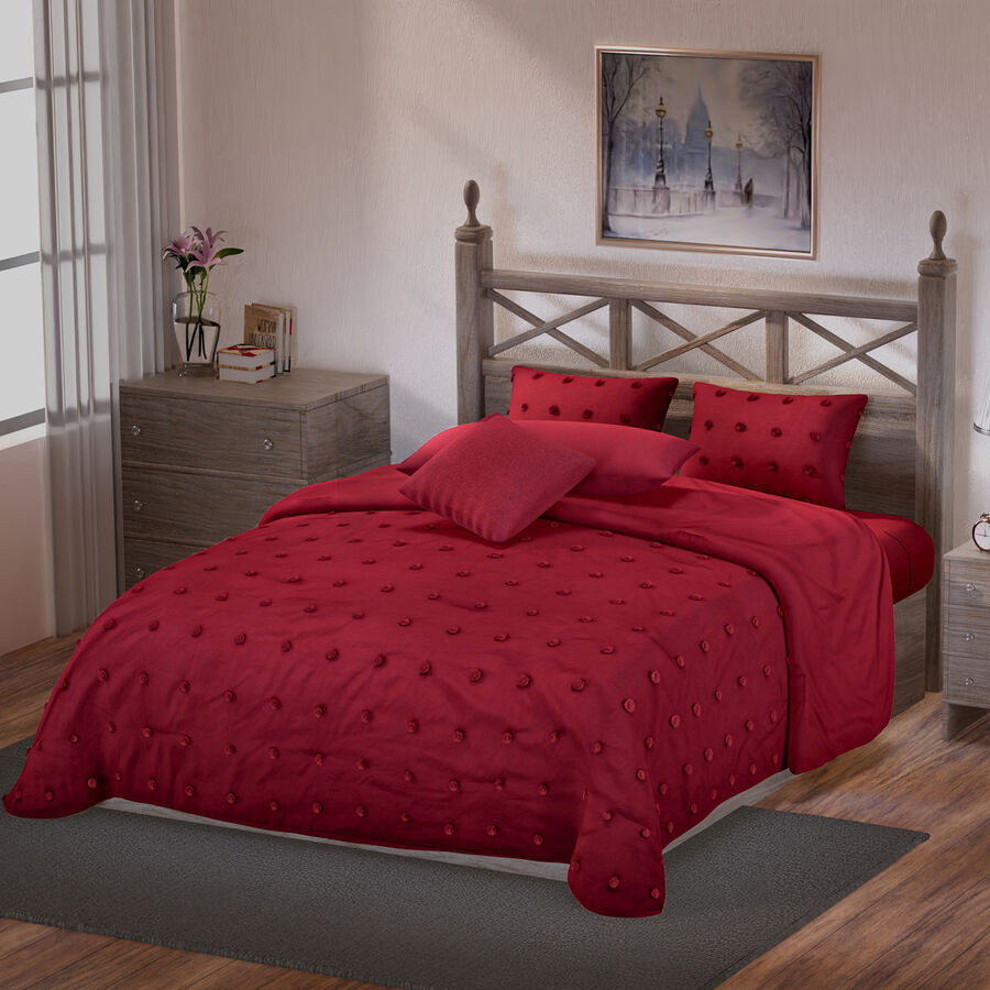 Luxury Deluxe 6 Piece Set- Comforter, Fitted Sheet, 2 Pillow Cases, Cushion Cover And Bolster Cushion Cover - Red Double