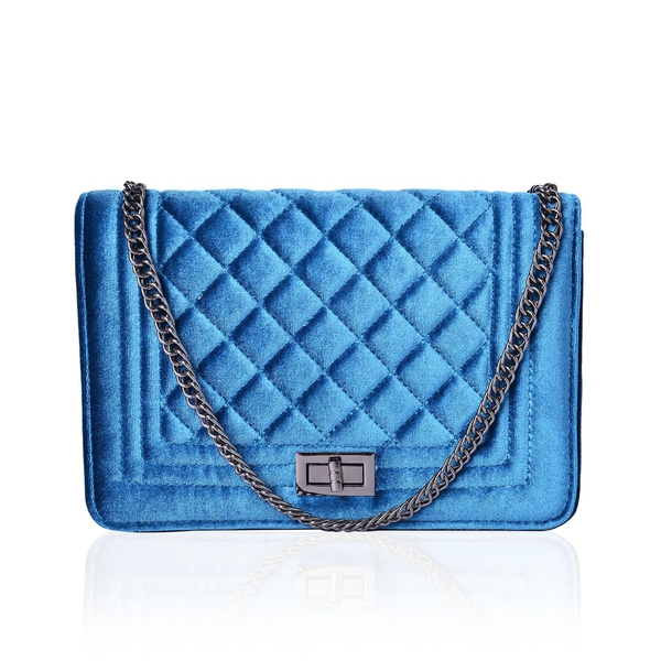 Designer Inspired - Peacock Blue Colour Diamond Pattern Velvet Crossbody Bag with Chain Strap (Size 