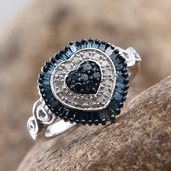 Blue Diamond (Rnd), White Diamond Heart Ring in Platinum Overlay Sterling Silver 0.505 Ct.