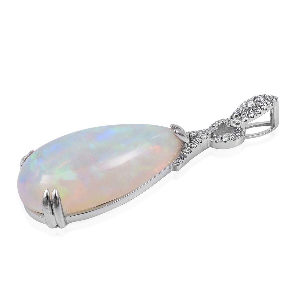 Signature Collection- RHAPSODY 950 Platinum AAAA Ethiopian Welo Opal (Pear 12.19 Ct), Diamond (VS/F) Drop Pendant 12.440 Ct.Platinum Wt 5.28 Gms