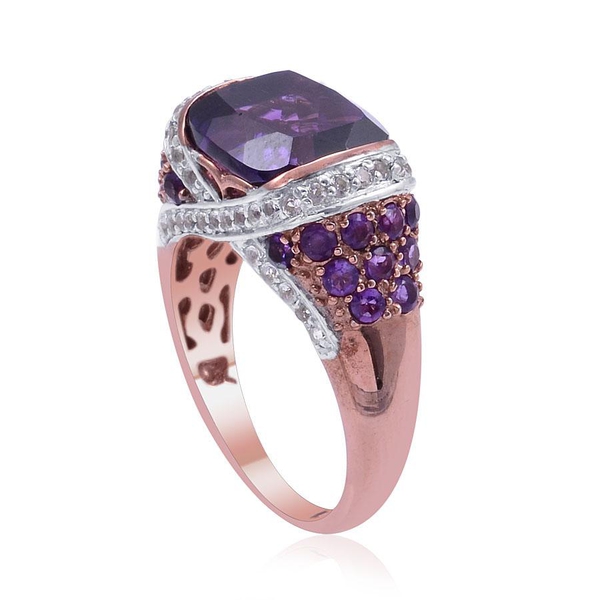 Zambian Amethyst (Cush 5.25 Ct), White Topaz Ring in Rose Gold Overlay Sterling Silver 6.650 Ct.