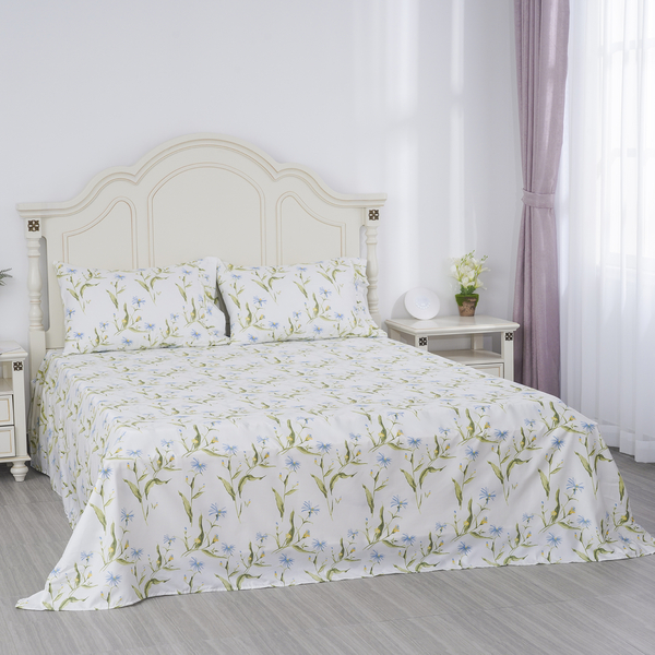 Serenity Night 4 Piece Set - Flower and Leaf Printed Microfibre 1 Flat Sheet (230x265cm), 1 Fitted Sheet (140x190+30cm) & 2 Pillowcase (50x75cm) in White & Blue