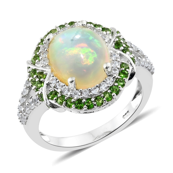5 Ct Rare Size Ethiopian Welo Opal and Multi Gemstone Halo Ring in Platinum Plated Silver